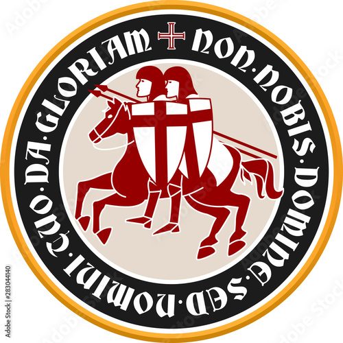 Templar circular emblem with latin text, knights and cross.