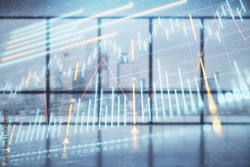 Double exposure of financial chart on empty room interior background. Forex market concept.