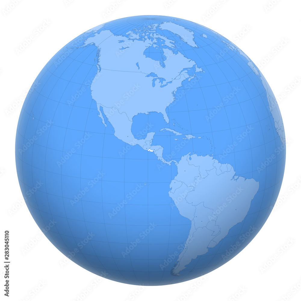 El Salvador on the globe. Earth centered at the location of the Republic of El Salvador. Map of El Salvador. Includes layer with capital cities.