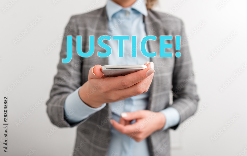 Word writing text Justice. Business photo showcasing impartial adjustment of conflicting claims or assignments Business concept with mobile phone and business woman Word writing text Justice. Business photo showcasing impartial adjustment of conflicting claims or assignments Business concept with mobile phone and business woman