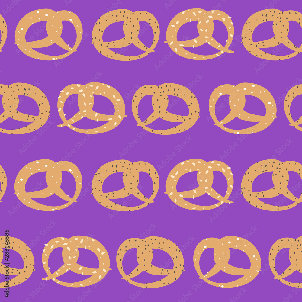 Vector seamless pattern of pretzels with sesame, salt and poppy seeds on purple background Vector seamless pattern of pretzels with sesame, salt and poppy seeds on purple background