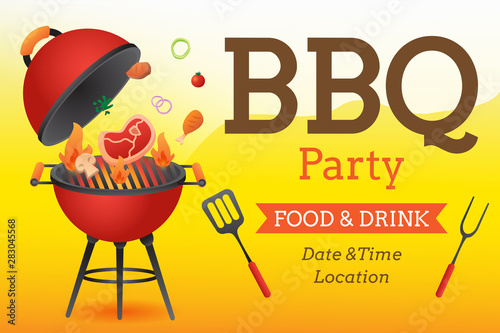 BBQ party invitation ,card or poster template with grill and food flyer vector flat style illustration.