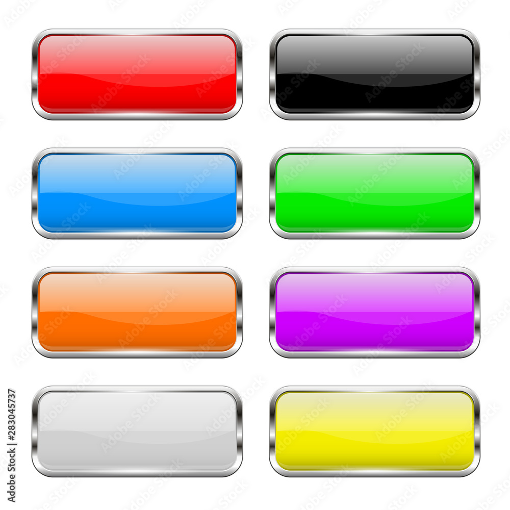 Colored buttons set. Shiny 3d glass rectangle icons Colored buttons set. Shiny 3d glass rectangle icons
