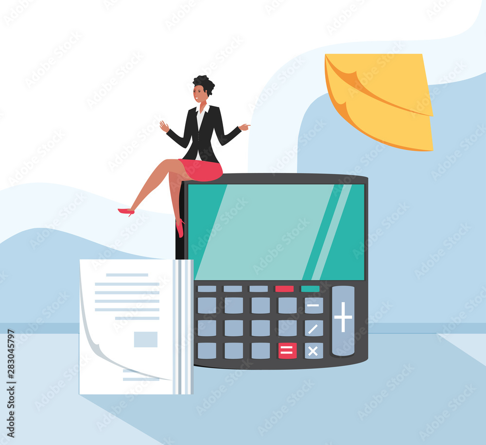 mini business woman sitting in calculator in the workplace mini business woman sitting in calculator in the workplace
