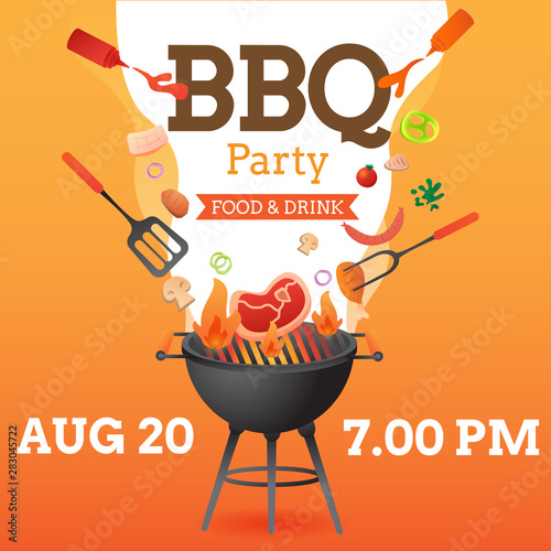BBQ party invitation ,card or poster template with grill and food flyer vector flat style  illustration.