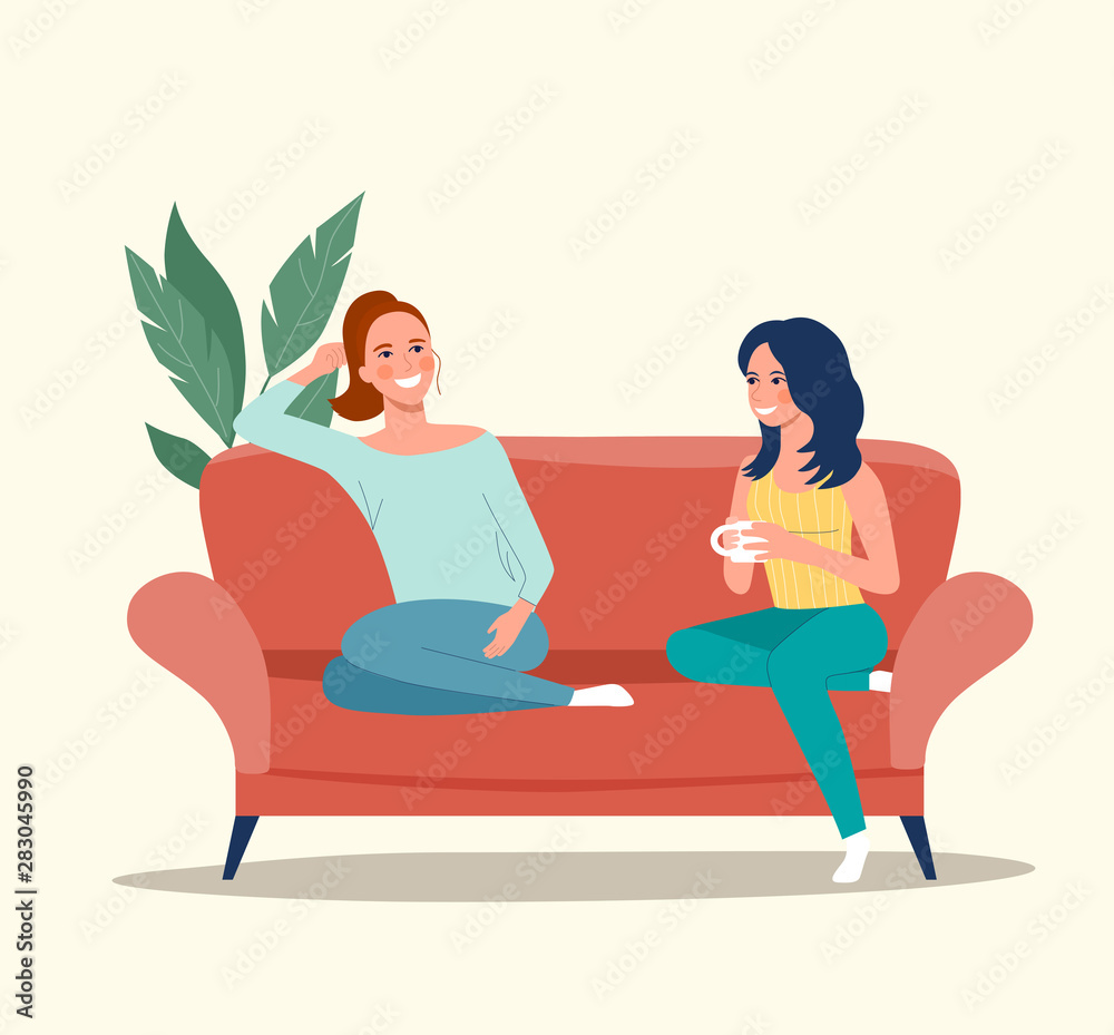 Girlfriends are sitting on the sofa. Vector flat style illustration Girlfriends are sitting on the sofa. Vector flat style illustration