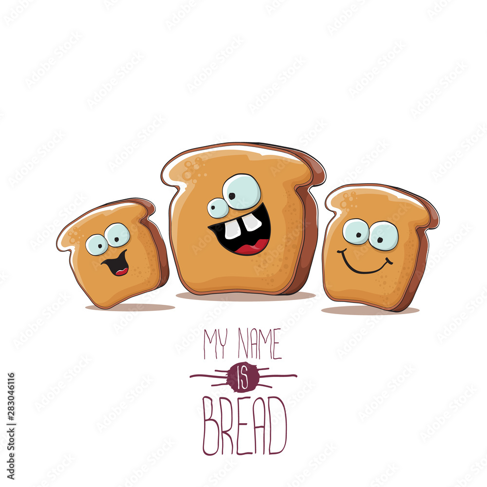 vector funky cartoon bread character with friends isolated on white background. funky food bakery kids characters set or collection