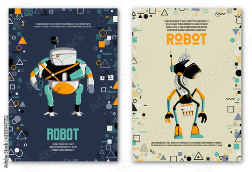 Design template with robots characters and geometric shapes. Technology, future. Artificial intelligence concept. Vector illustration