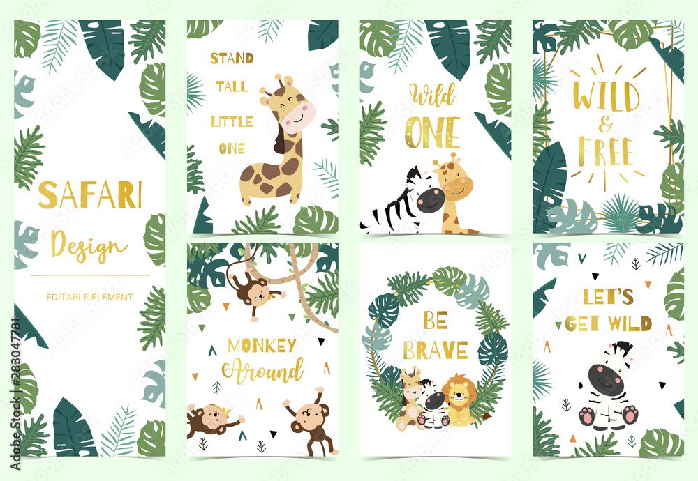 Green,gold collection of safari background set with  lion,monkey,giraffe,zebra,geometric vector illustration for birthday  invitation,postcard,logo and  include wild one,wild and free  Stock Vector | Adobe Stock