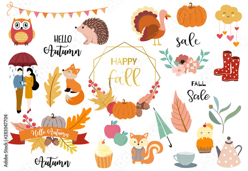 Autumn object collection with pumpkin,owl,wreath,man,woman,couple.Illustration for sticker,postcard,invitation,element website.Included hello autumn and fall sale wording
