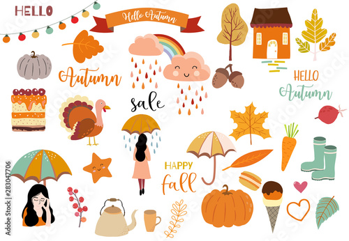 Autumn object collection with pumpkin,cloud,rainbow,woman.Illustration for sticker,postcard,invitation,element website.Included hello autumn and happy fall wording