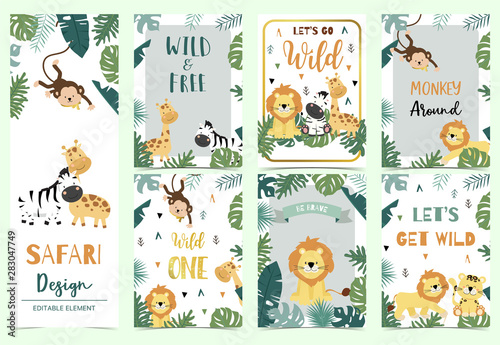 Green,gold collection of safari background set with lion,monkey,giraffe,zebra,geometric vector illustration for birthday invitation,postcard,logo and sticker.Wording include wild one,wild and free