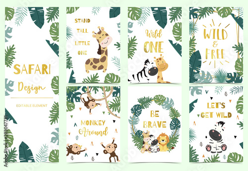 Green,gold collection of safari background set with lion,monkey,giraffe,zebra,geometric vector illustration for birthday invitation,postcard,logo and sticker.Wording include wild one,wild and free