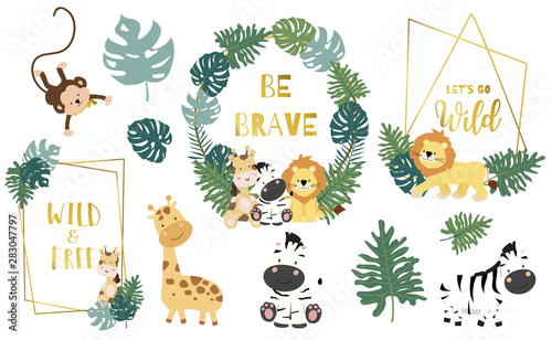 Safari object set with monkey,giraffe,zebra,lion,leaves. illustration for logo,sticker,postcard,birthday invitation.Editable element