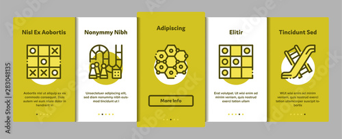 Interactive Kids Games Vector Onboarding Mobile App Page Screen. Domino, Chess And Video Games Controller Linear Pictograms. Cards, Billiard, Darts Color Contour Illustrations