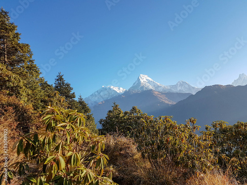 Annapurna Base Camp hiking trek  Himalayas  Nepal. November  2018. Panoramic view of Dhaulagiri Mountain Range