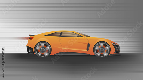 Orange sports car in high-speed running. Realistic Design super car. Vector illustration.