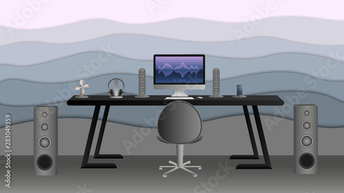 Music studio at home or in the office. Workplace concept, cozy room for freelance job. Vector illustration