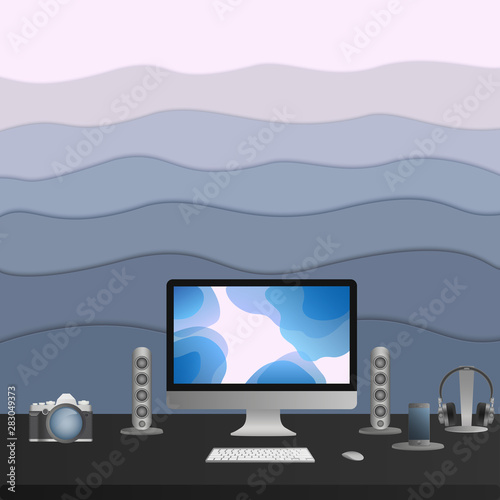 Designer or freelancer work place. Creative workplace with monitor on desk, photo camera, speakers, headphones, mobila phone. Vector illustration