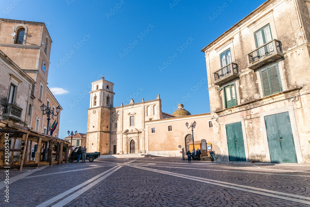 Main square with medieval cathedral in Santa Severina, Italy