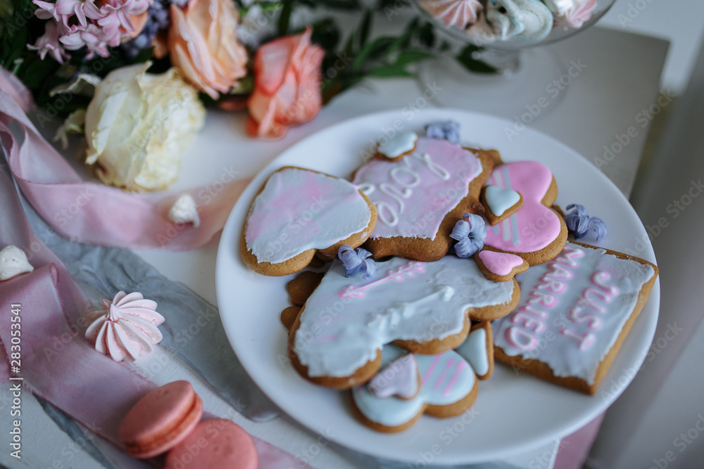 bridal cookies and a bridal bouquet
