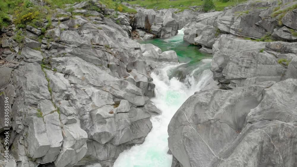 Vercasca Valle Verzasca - Aerial View of clear and turquoise water stream and ...
