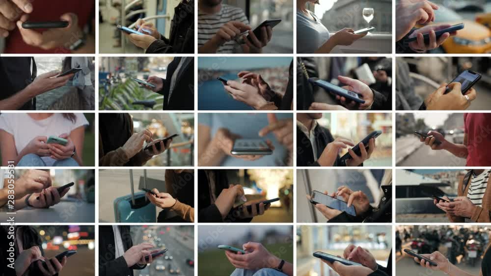 Collage multicam multi camera of hand using touchscreen smart phone. Group people touch smartphone
