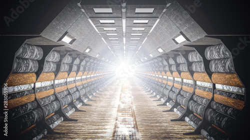 Old mining tunnel cylinder corridor illuminated with spot lights suitable for science room background, railway tunnel warning sign, geologic with mineral, and spaceship interior., 3d render