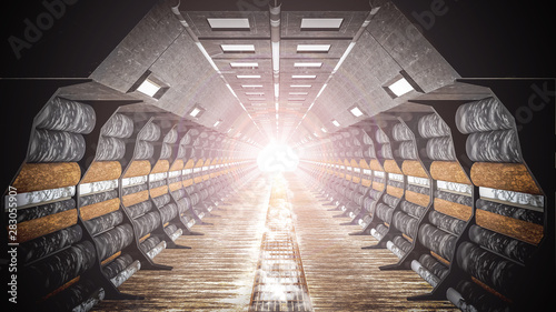 Old mining tunnel cylinder corridor illuminated with spot lights suitable for science room background, railway tunnel warning sign, geologic with mineral, and spaceship interior., 3d render