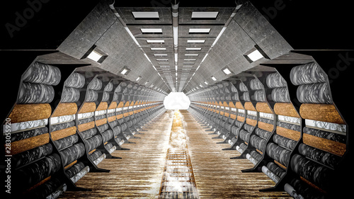 Old mining tunnel cylinder corridor illuminated with spot lights suitable for science room background, railway tunnel warning sign, geologic with mineral, and spaceship interior., 3d render