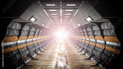Old mining tunnel cylinder corridor illuminated with spot lights suitable for science room background, railway tunnel warning sign, geologic with mineral, and spaceship interior., 3d render