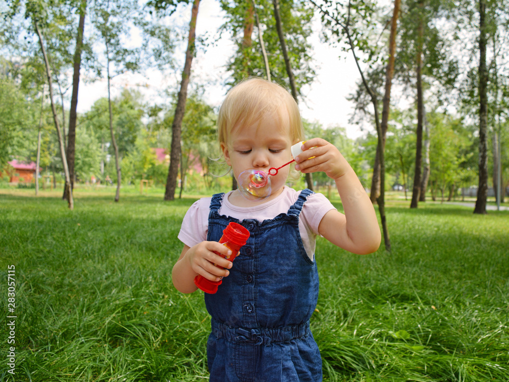 Little girl blowing bubbles in a green Park. Portrait. Little girl blowing bubbles in a green Park. Portrait.