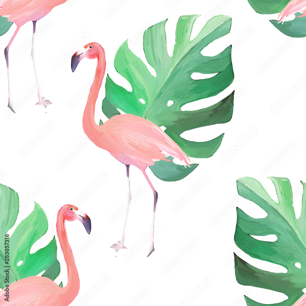Obraz premium Summer seamless pattern with flamingo. Watercolor print. Hand drawn illustration