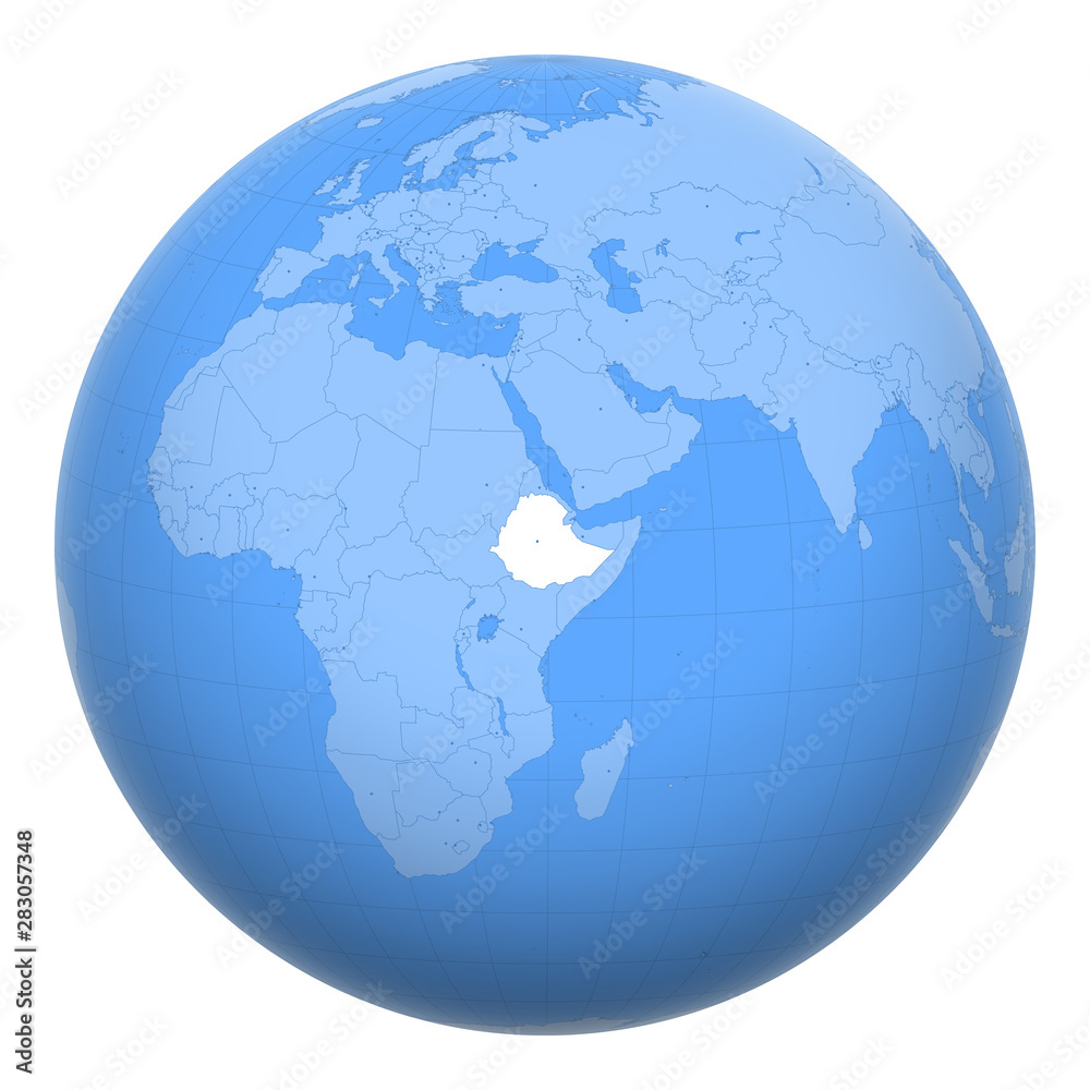 Ethiopia on the globe. Earth centered at the location of the Federal Democratic Republic of Ethiopia. Map of Ethiopia. Includes layer with capital cities.