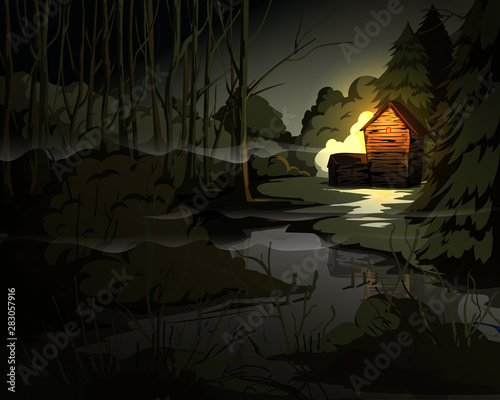 Creepy forest landscape with trees, swamp, old house and  light in window. Mysterious scenery background. Vector illustration