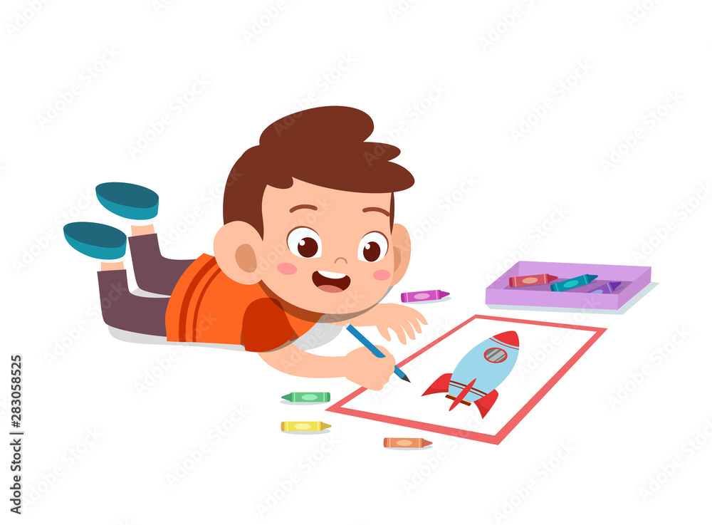 kid drawing with crayon vector