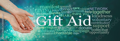 Give what you can Gift Aid Campaign Word Cloud  - female hands in gentle offering gesture beside a GIFT AID word cloud on a green and sparkling background