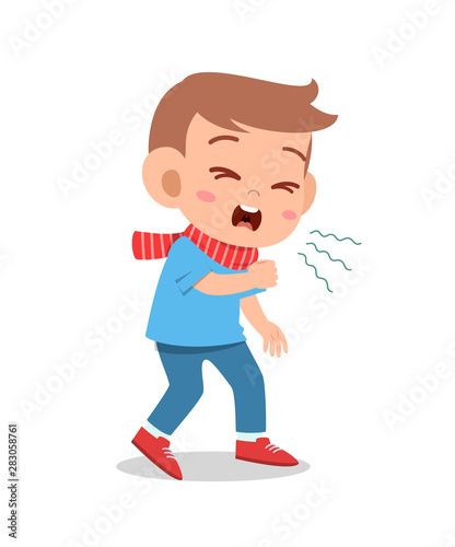 cartoon little kid boy coughing vector