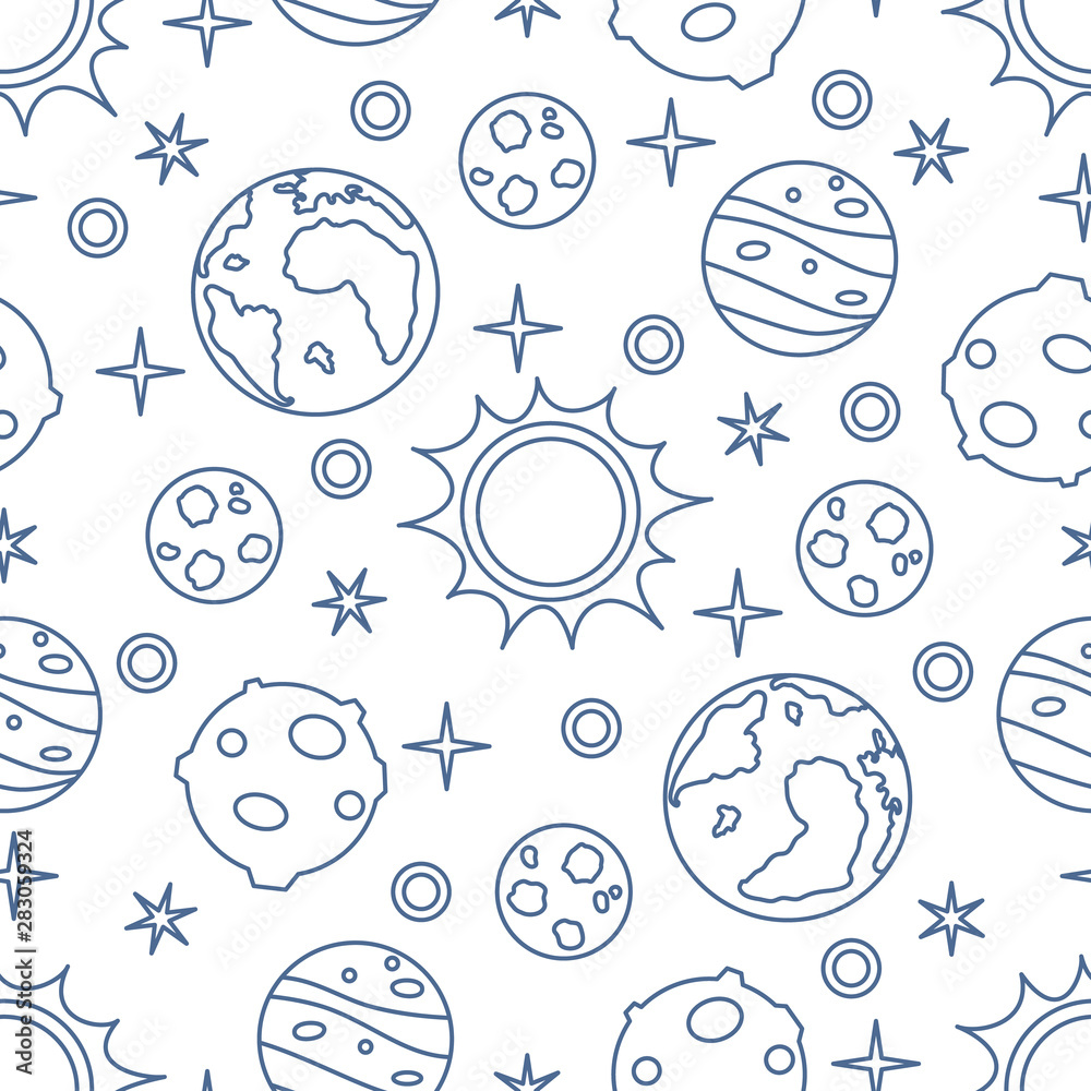 Seamless pattern with sun, planets, stars. Space