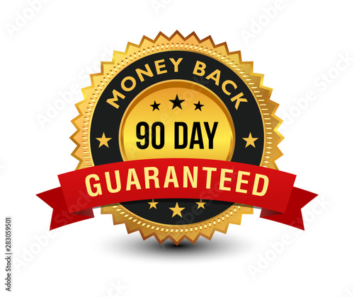 Golden colored 90 day money back guaranteed badge with red ribbon on top isolated on white background. banner, sticker, tag, icon, stamp, label, sign.