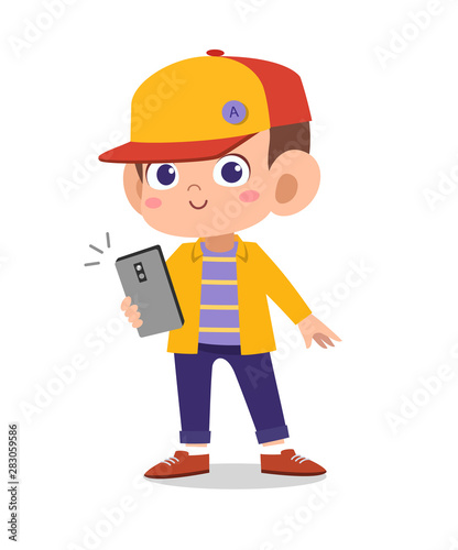 kid boy using smartphone vector