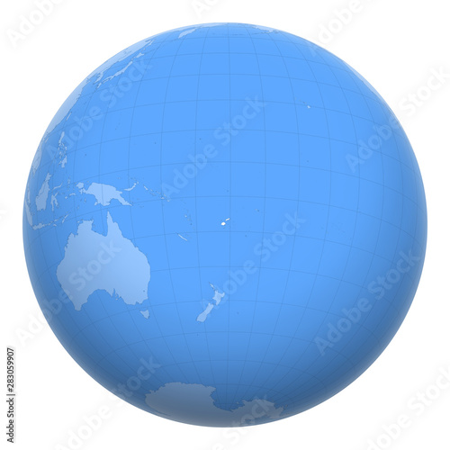 Fiji on the globe. Earth centered at the location of the Republic of Fiji. Map of Fiji. Includes layer with capital cities.
