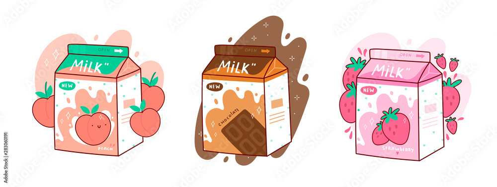 Fototapeta premium Set of three cartons of milk. Three various tastes. Chocolate, strawberry and peach. Asian product. Hand drawn colored trendy vector illustration. Kawaii anime design. Cartoon style