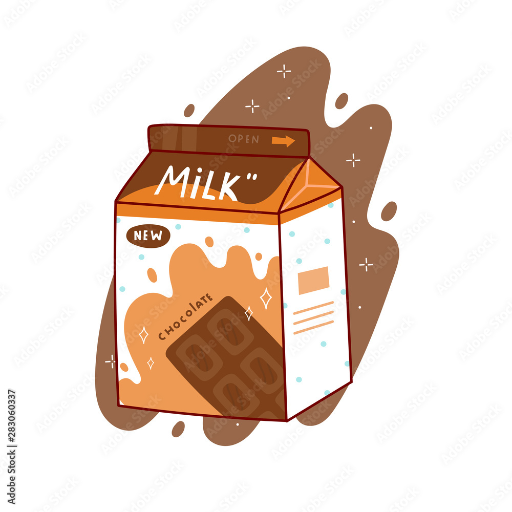 Vecteur Stock Carton of tasty chocolate milk. Japanese style packaging  design. Asian product. Hand drawn colored trendy vector illustration.  Kawaii anime design. Cartoon style | Adobe Stock
