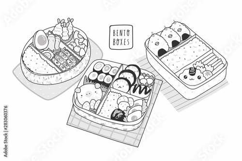 Hand drawn three bento boxes. Japanese lunch box. Various traditional asian food. Take-out or home-packed meal. Isolated vector illustrations. Kawaii anime design. Cartoon style