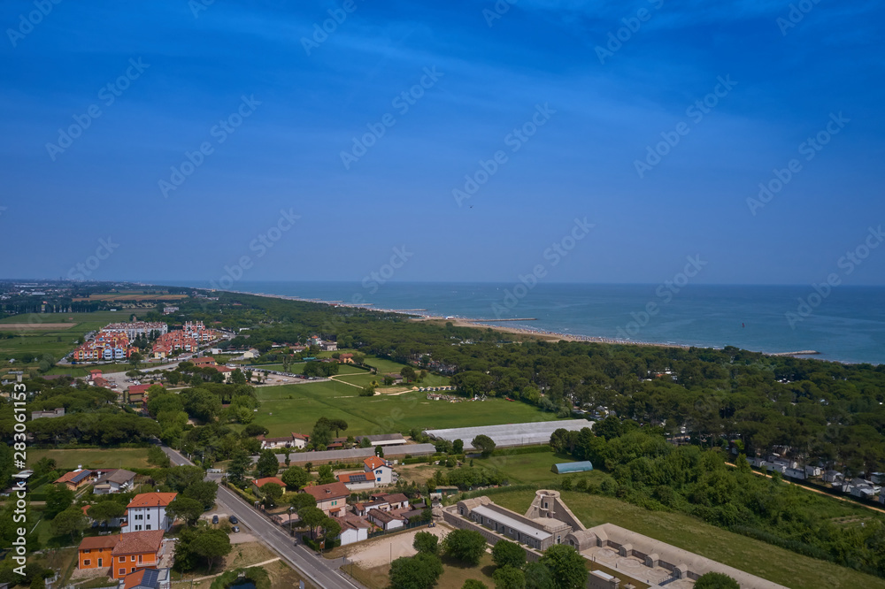Aerial view Jesolo beach near Venice, Italy. Resort town in the north of Italy. Resorts of the Adriatic Sea.
