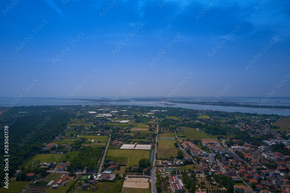 Aerial view Jesolo beach near Venice, Italy. Resort town in the north of Italy. Resorts of the Adriatic Sea.