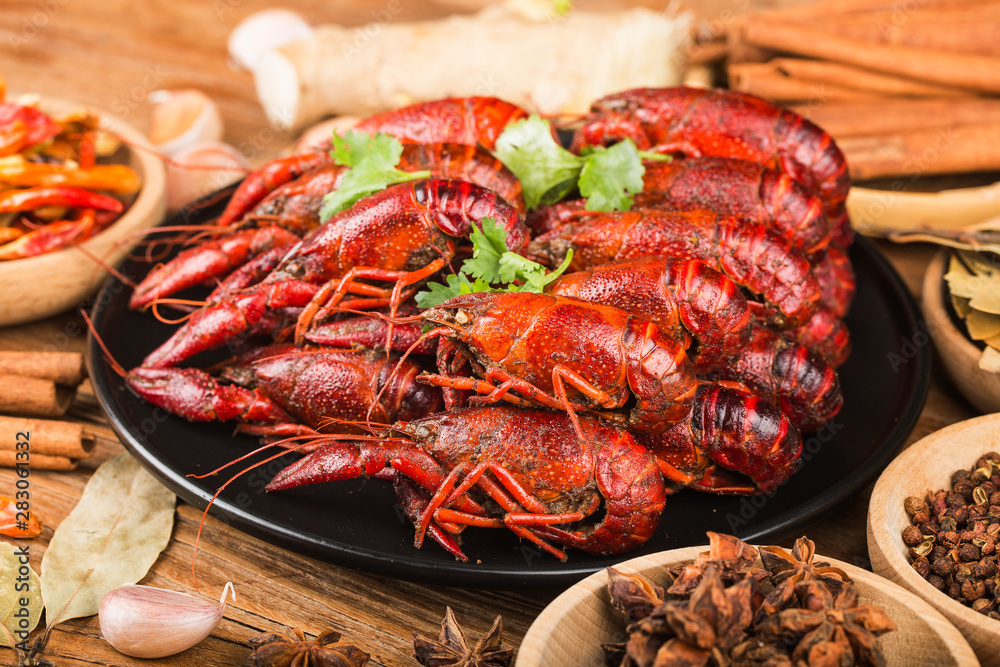 Crayfish. Red boiled crawfishes on table in rustic style,  Lobster closeup.