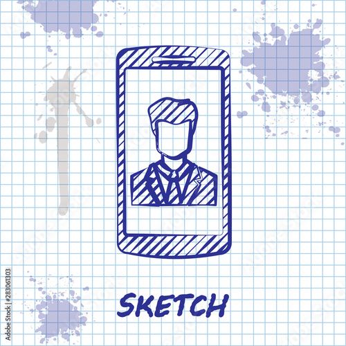 Sketch line Smartphone with contact on screen icon isolated on white background. Incoming call. Human on phone screen. Call contact. Vector Illustration
