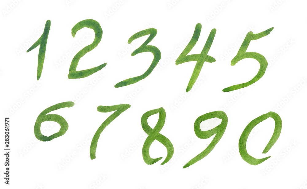 set of green watercolor numbers set of green watercolor numbers